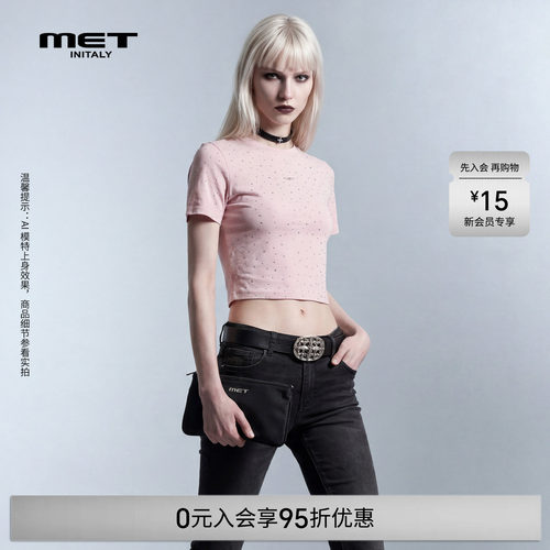MET initaly夏季新款粉色短袖T恤女街头休闲风修身显瘦短款上衣