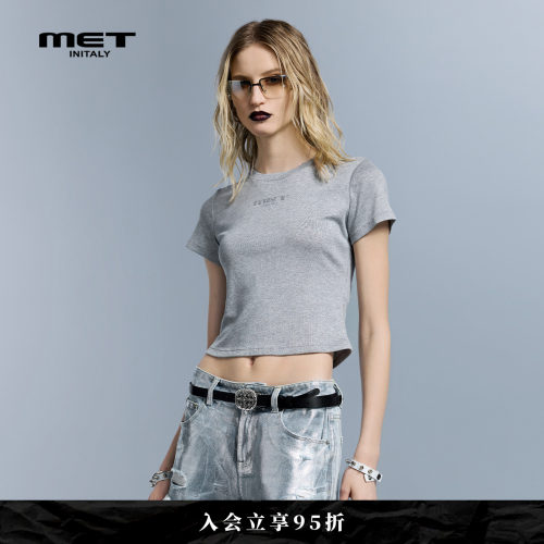 MET initaly夏新款初代灰色短袖T恤女辣妹风修身显瘦短款露脐上衣
