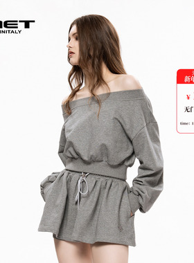 MET initaly麦特秋季新款美式潮牌套头卫衣女休闲街头风露肩上衣