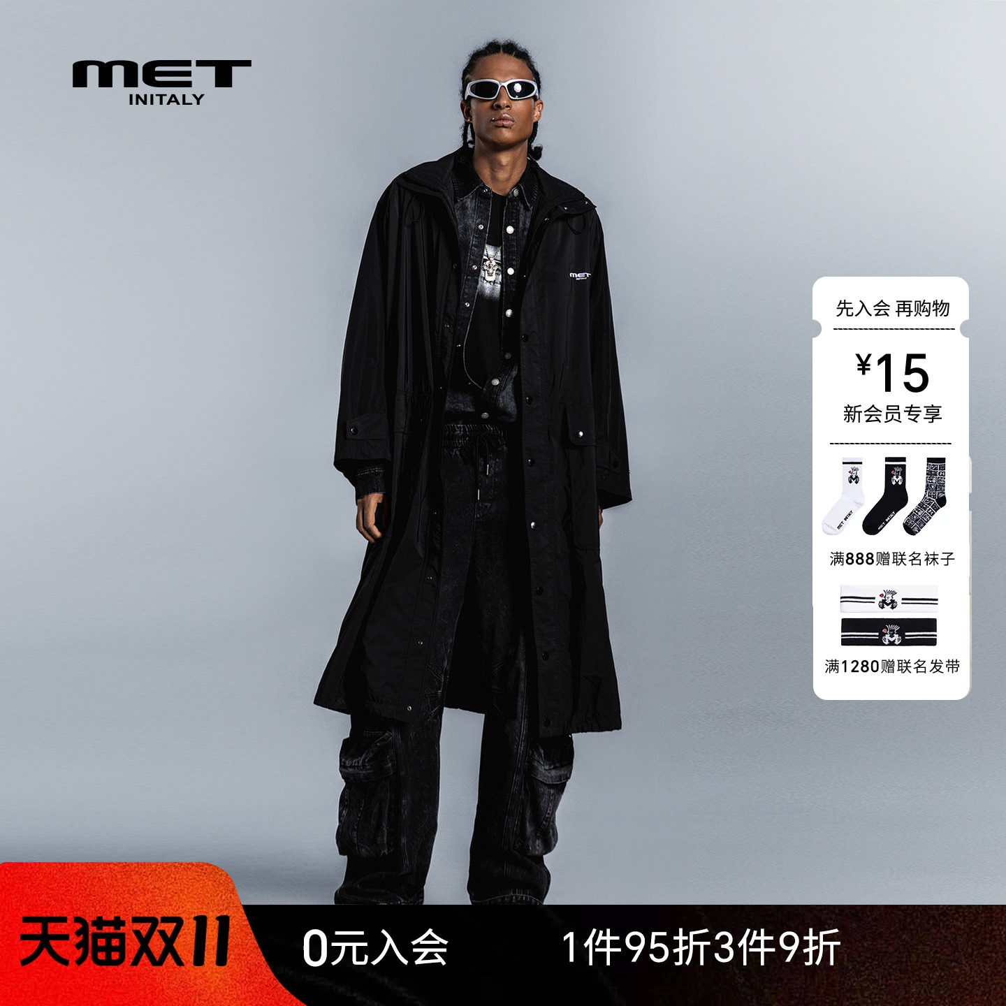 MET initalyMET黑色长款风衣男潮流都市穿搭双排扣外套
