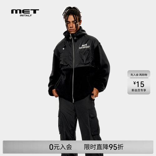 MET initaly黑色连帽拉链夹克男冬季新款宽松机能风潮流外套