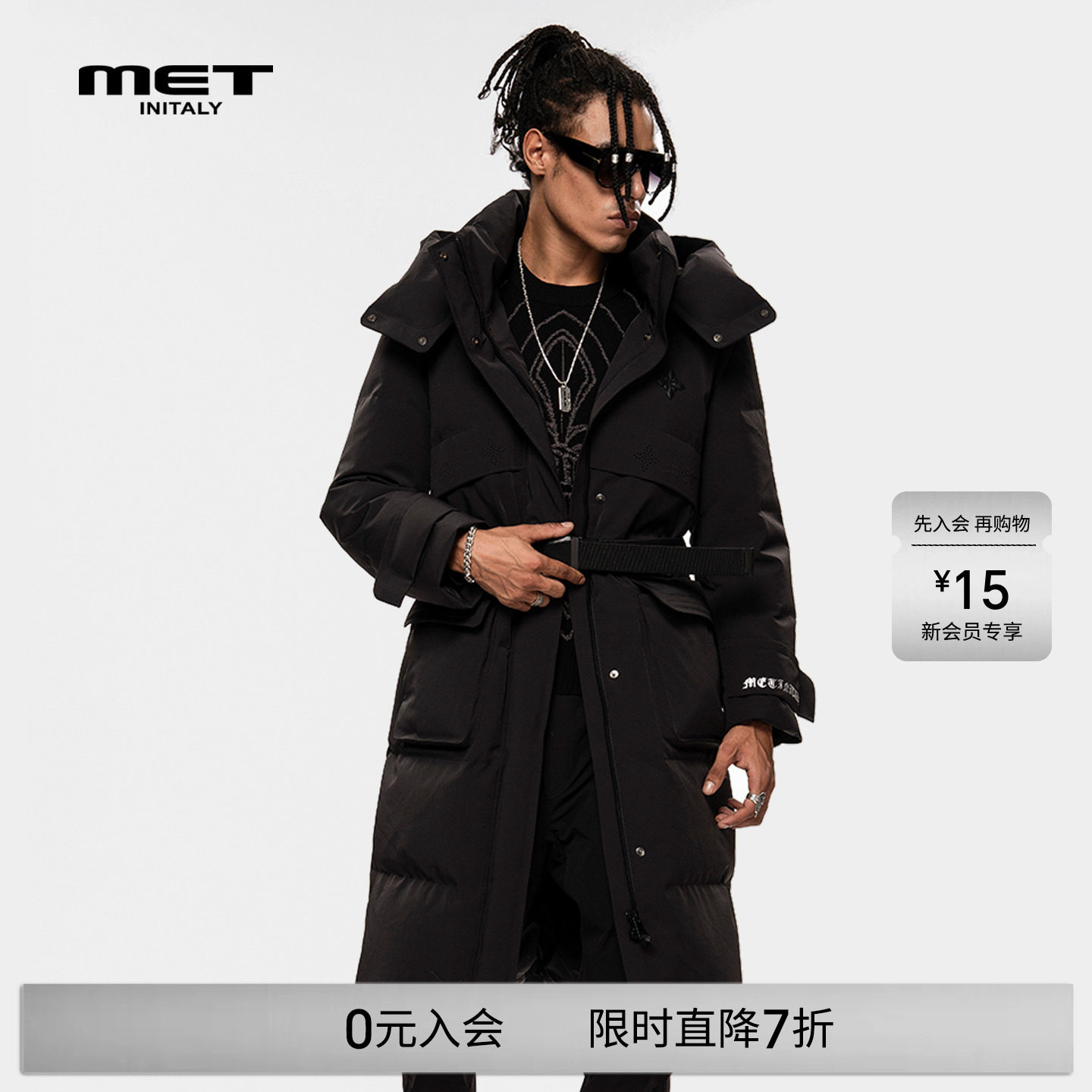 MET initaly麦特黑色长款连帽羽绒服男早春新款工装风保暖外套女