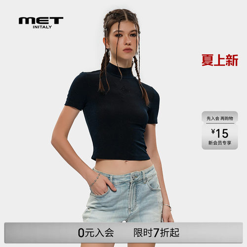 MET initaly复古潮牌黑色短袖T恤女夏季新款简约休闲上衣