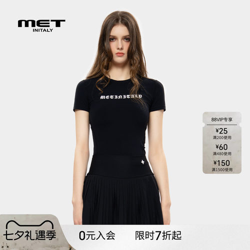 MET initaly美式复古字母印花短袖T恤女早春新款上衣休闲百搭