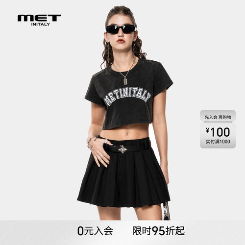 MET initaly春夏美式辣妹风短袖T恤女黑色字母印花修身短款上衣