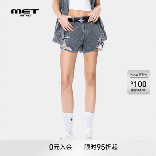 MET initaly早春美式酷辣风高腰破洞牛仔短裤女宽松显瘦毛边裤子