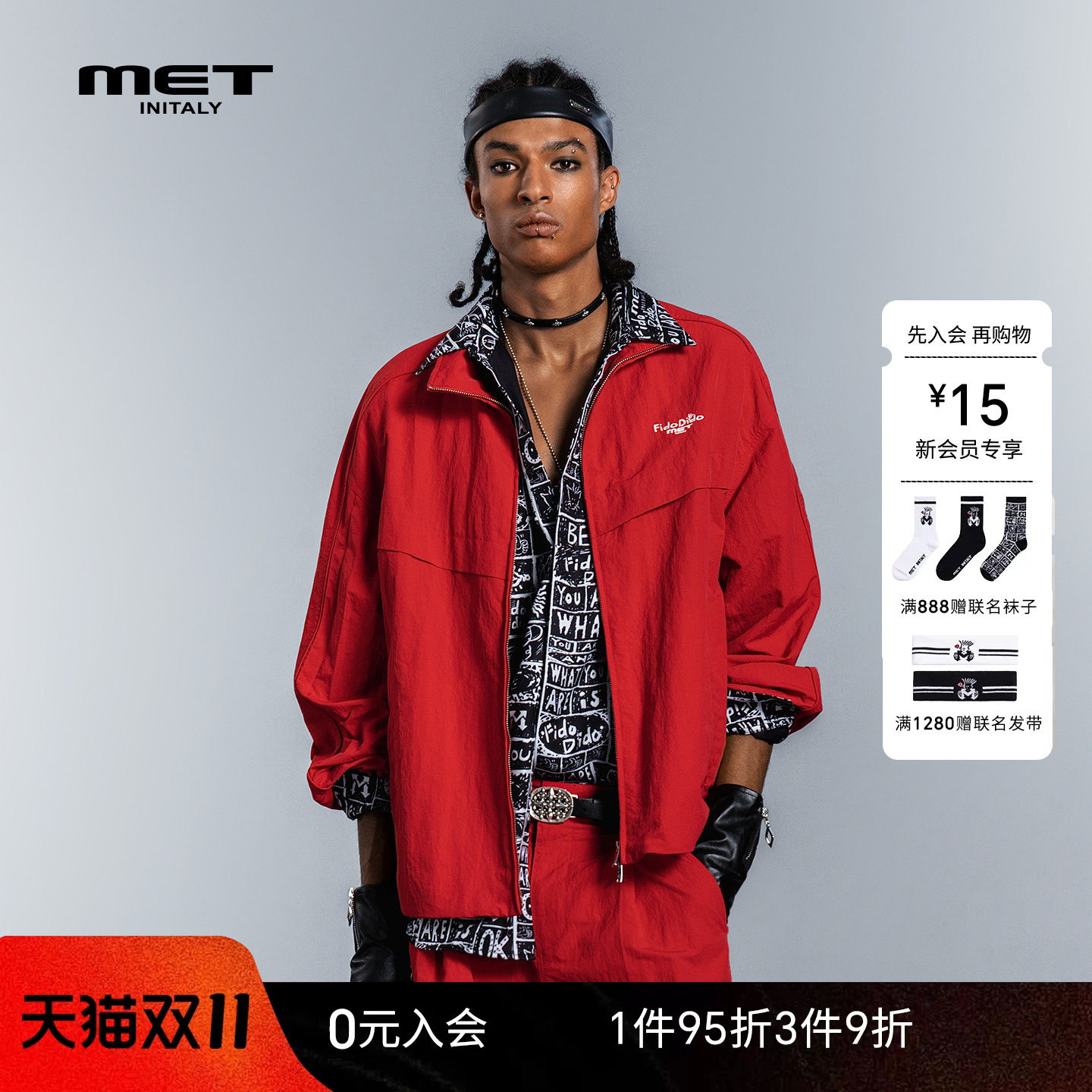 MET initaly Fido Dido联名红色立领夹克男宽松拉链外套女运动风