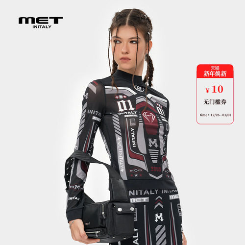 METinitaly夏季新款美式复古字母印花女士长袖国潮修身机车风上衣