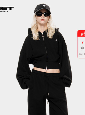 MET initaly麦特美式复古短外套女秋季休闲百搭连帽开衫拉链卫衣