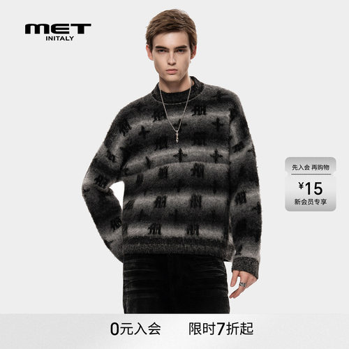 MET initaly复古条纹圆领毛衣男冬季新款套头针织衫潮流毛衣