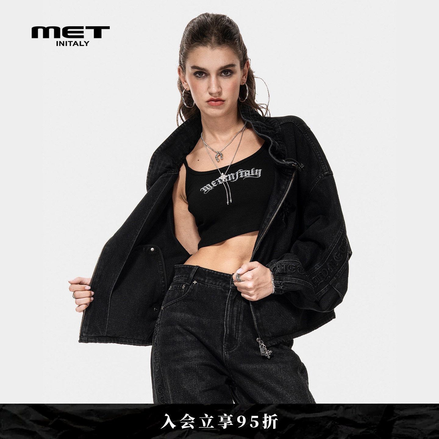 MET initaly美式立领解构牛仔外套女黑色拉链夹克酷感廓形上衣