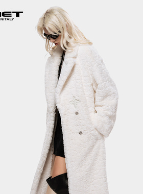 MET initaly麦特冬季新款翻领大衣女中长款米白色毛呢外套宽松