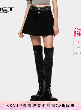 MET initaly黑色高腰百褶半身裙女秋冬新款学院风A字短裙显瘦
