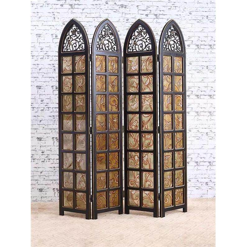欧式法式实木花鸟折屏玄关隔断移动客厅中古镂空雕花手绘玻璃屏风