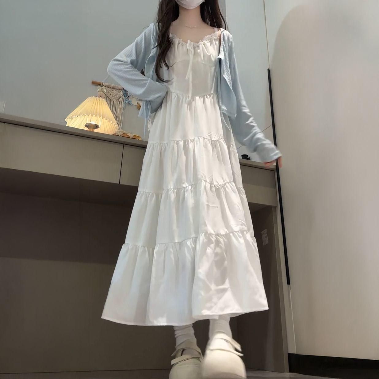 两件套装韩版温柔中大童拼接白色吊带连衣裙搭配夏季防晒针织开衫