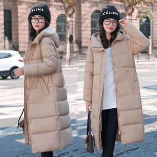 连帽棉袄 大码 冬新款 克莱因蓝羽绒棉服女过膝轻薄外套亮面免洗长款