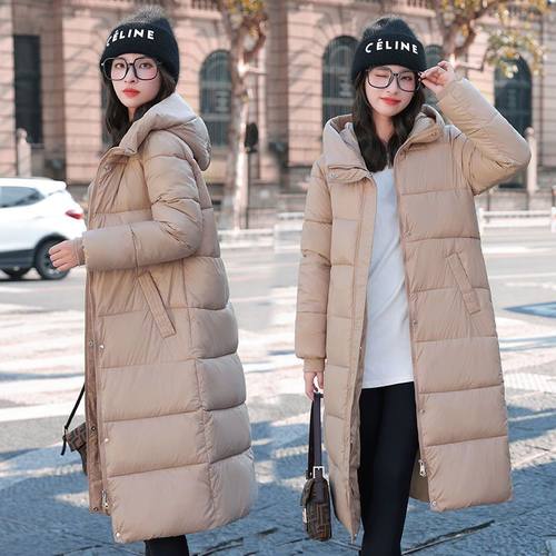 冬新款克莱因蓝羽绒棉服女过膝轻薄外套亮面免洗长款大码连帽棉袄