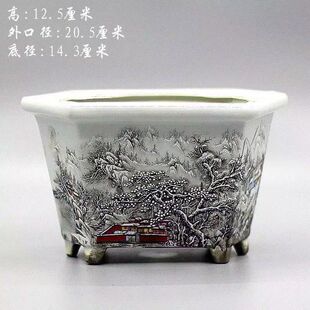 民国粉彩雪景六方花盆仿古瓷器家居摆件盆景古董古玩收藏老货旧货