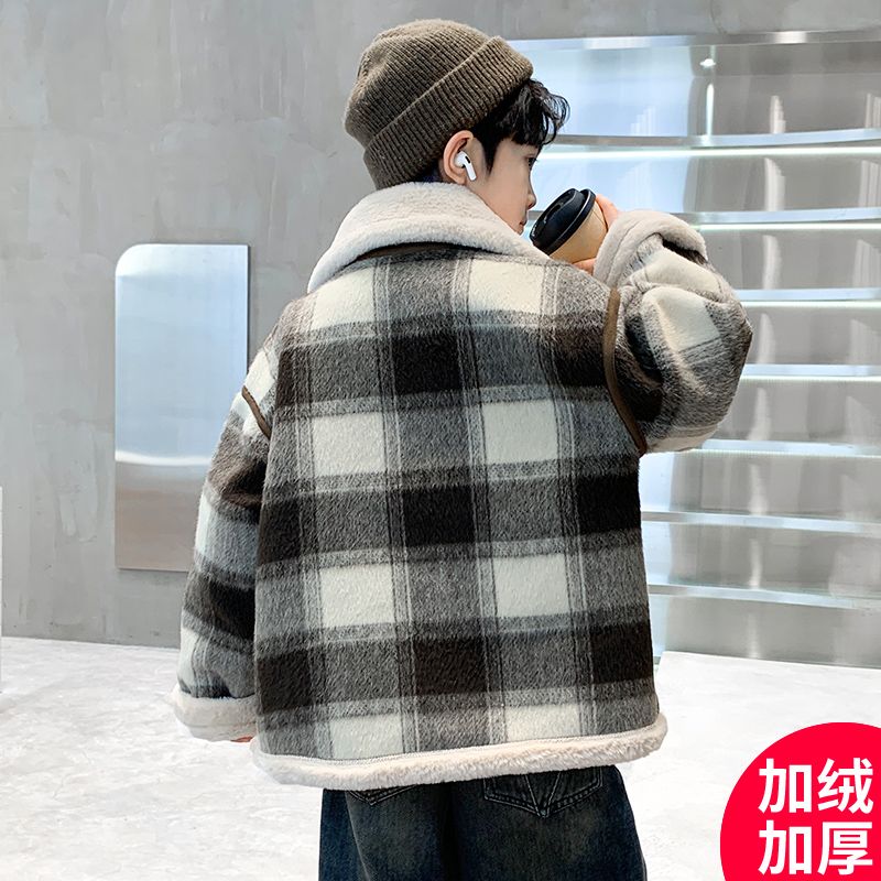 男童加绒加厚毛呢外套冬装2024新款秋冬季儿童格子羊羔绒上衣棉服