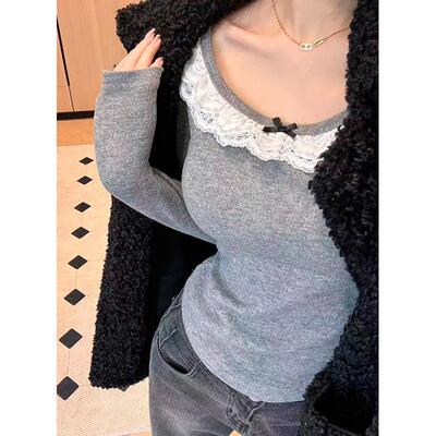 秋冬款打底衫女U形下摆洋气蕾丝花边拼接抽褶修身加绒磨毛T恤上衣
