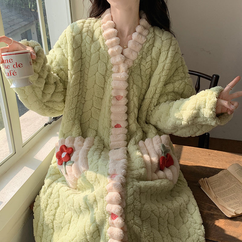 冬季洗完澡穿的浴袍珊瑚绒睡袍冬款女加绒加厚睡裙浴袍秋冬季长款