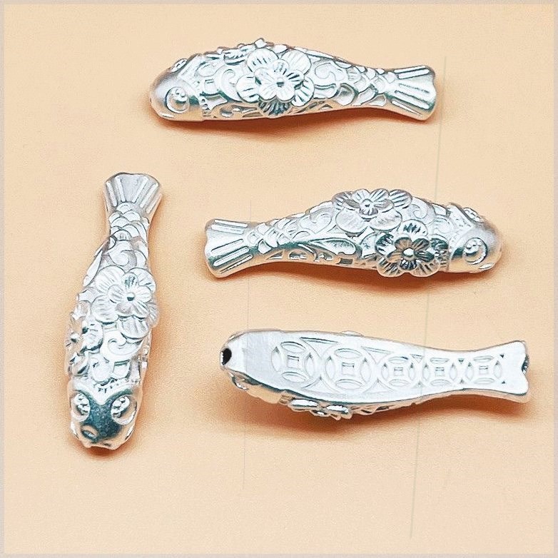 足银吉祥花鱼小弯管 超轻3D硬银复古DIY手工饰品散珠隔珠铜钱手串