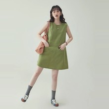 时尚孕妇夏季新款森系绿色圆领背心连衣裙女夏季新款宽松无袖短裙
