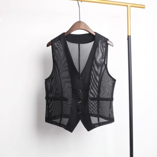 马甲女士外穿黑色镂空背心马夹无袖 网纱短款 百搭坎肩外搭 薄款 夏季
