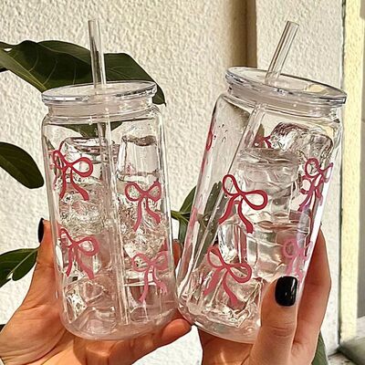 500Ml Pink Bow Print Water Bottle Drinking Can Iced Hot Coff