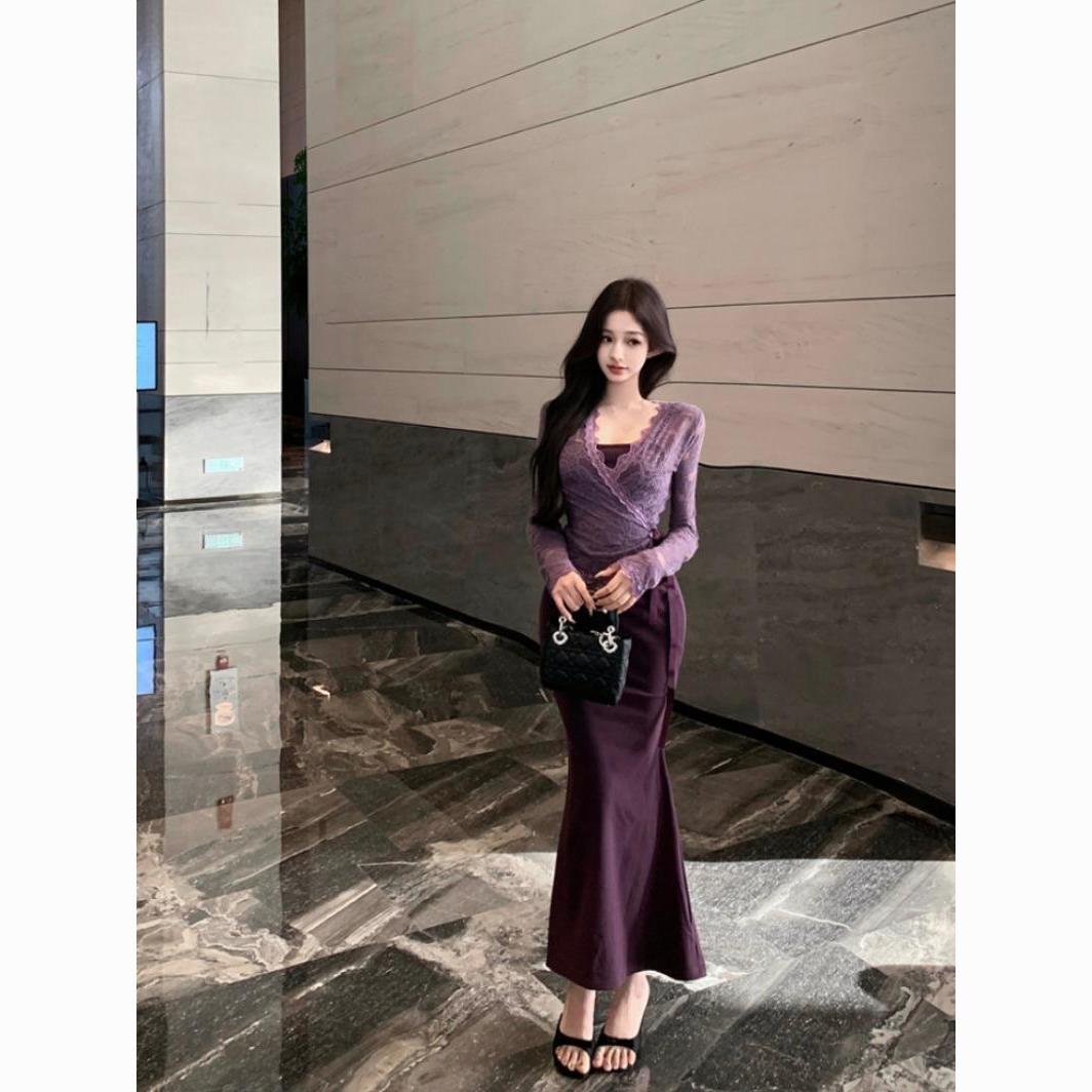 紫色交叉v领蕾丝衫女秋冬时尚套连衣裙
