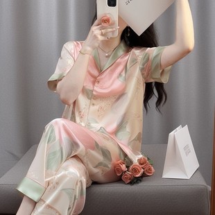爆款 短袖 tpvl甜美印花睡衣女款 2025新款 夏冰丝 长裤 V领家居服开衫