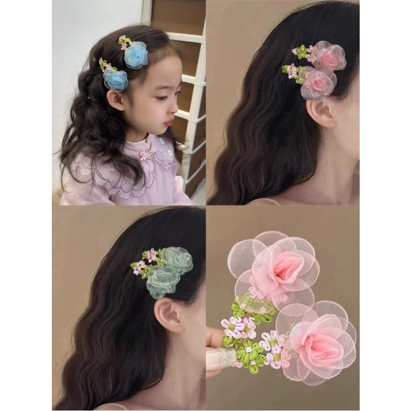 超仙网纱花朵发夹甜美粉色头花田园风氛围感刘海夹少女心侧边发夹