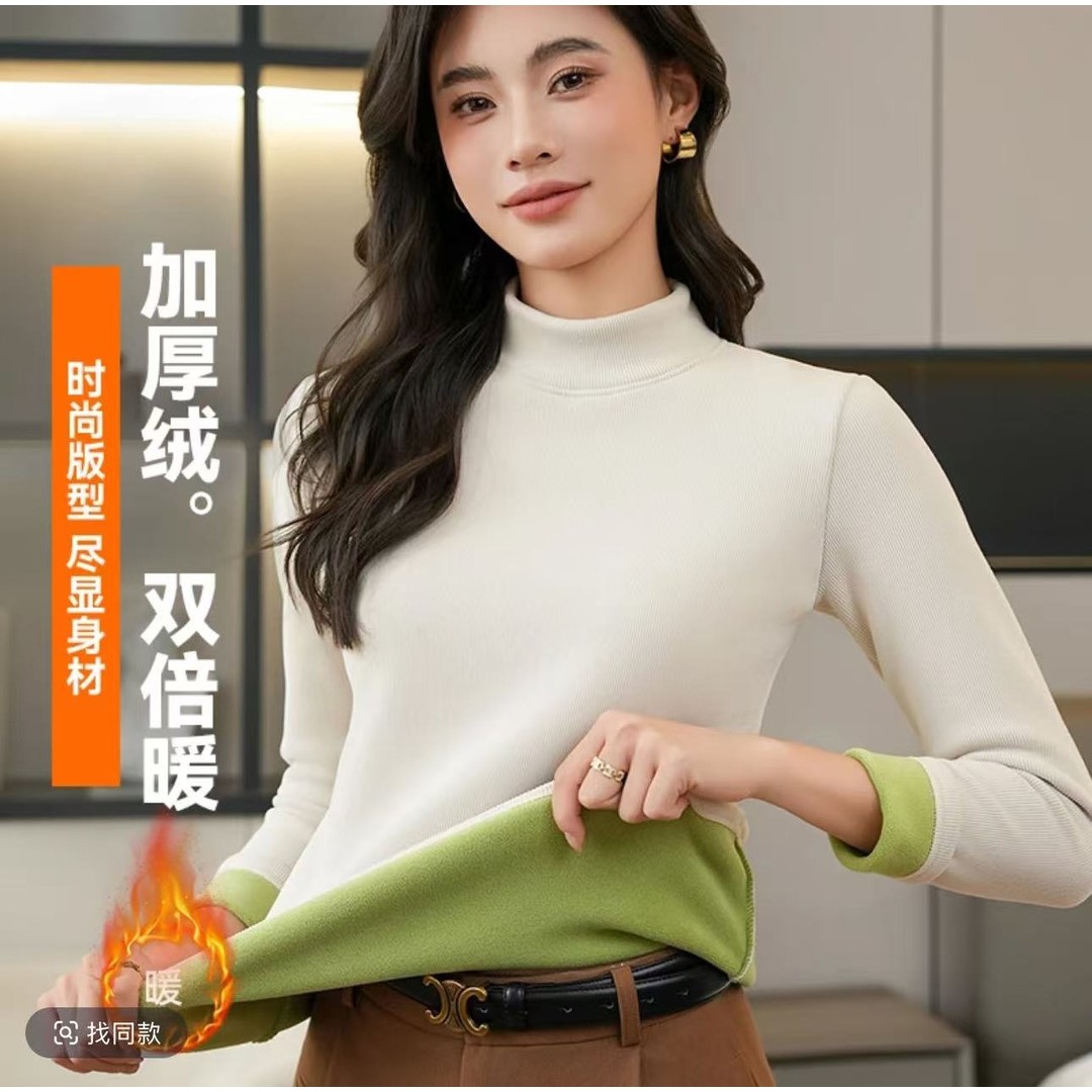 打底衫女加绒加厚螺纹新款时尚百搭半高领保暖上衣内搭保暖衣冬季