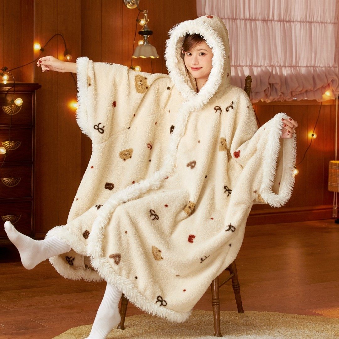 斗篷睡袍睡衣女秋冬季加绒加厚款卡通长袖甜美可外穿连帽长款保暖