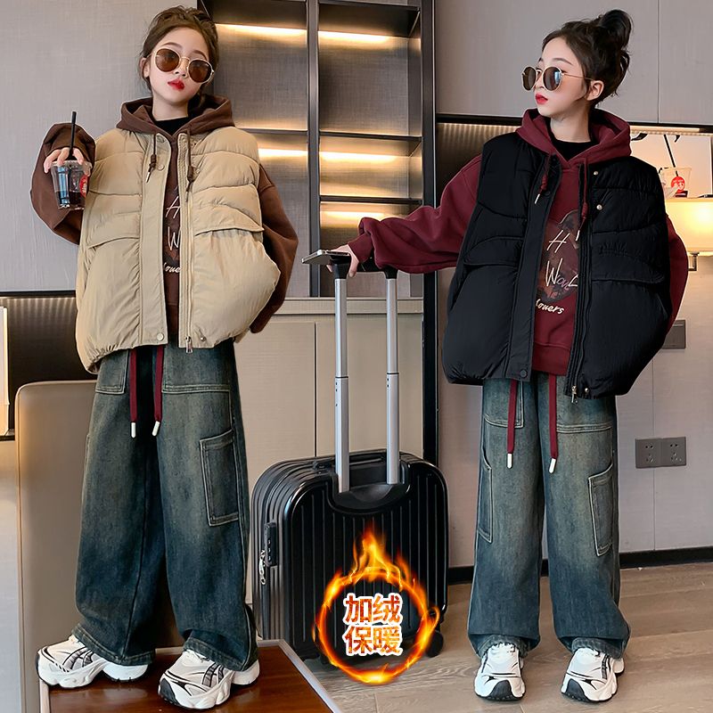 女童秋冬套装2025新款中大童加绒卫衣加厚冬装马甲牛仔裤三件套潮
