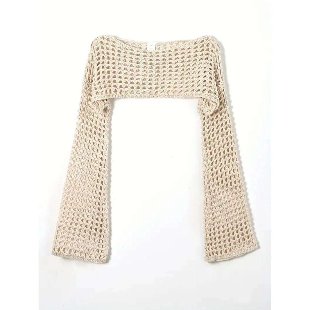 Women Crochet Knit Hollow Out Crop Top Long Sleeve Shrug Swe