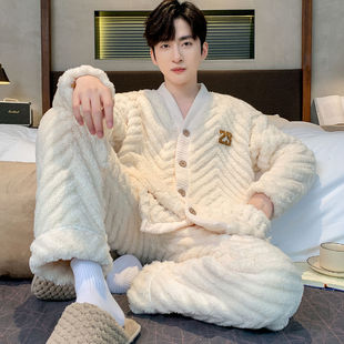 睡衣男冬季男士 珊瑚绒 加厚加绒法兰绒冬天开衫休闲家居服秋冬款