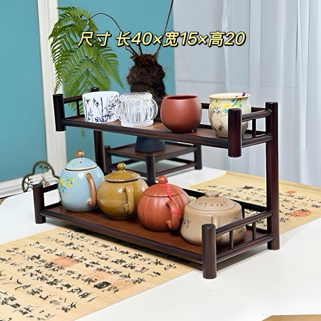 「弦月」竹编楠竹两层壶架杯架茶室中式茶道主人杯竹制茶具储物架