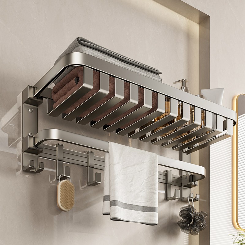 卫生间免打孔壁挂浴巾架加固毛巾架太空铝洗澡间置物架一体架子