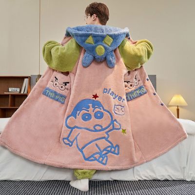 蜡笔小新斗篷睡衣蜡笔小新男士睡衣秋冬季加绒加厚珊瑚绒青少年大