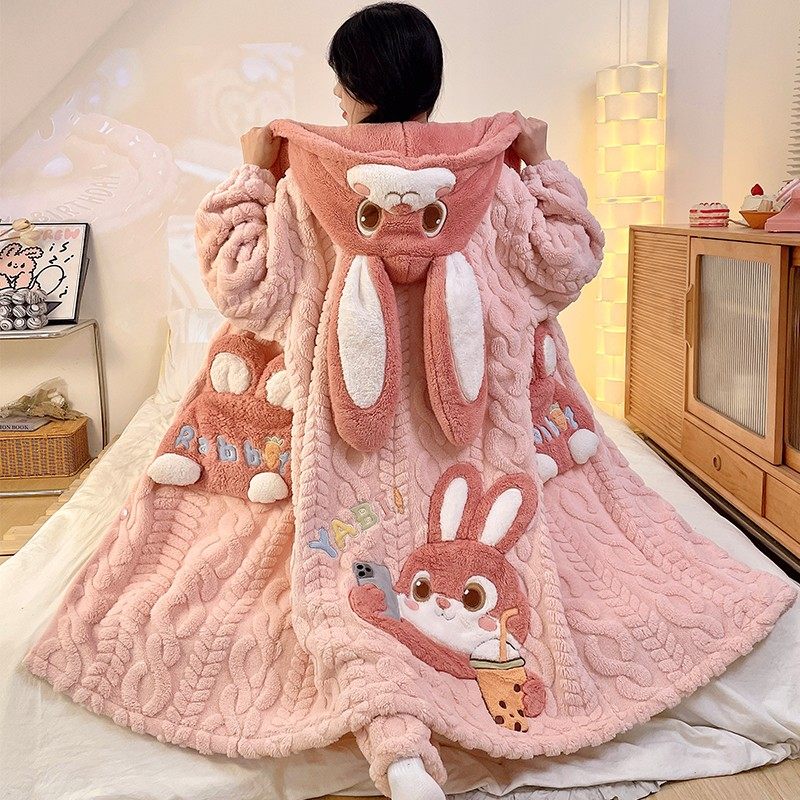 新款法兰绒加绒加厚可爱卡通女款秋冬季保暖睡袍可外穿家居服套装