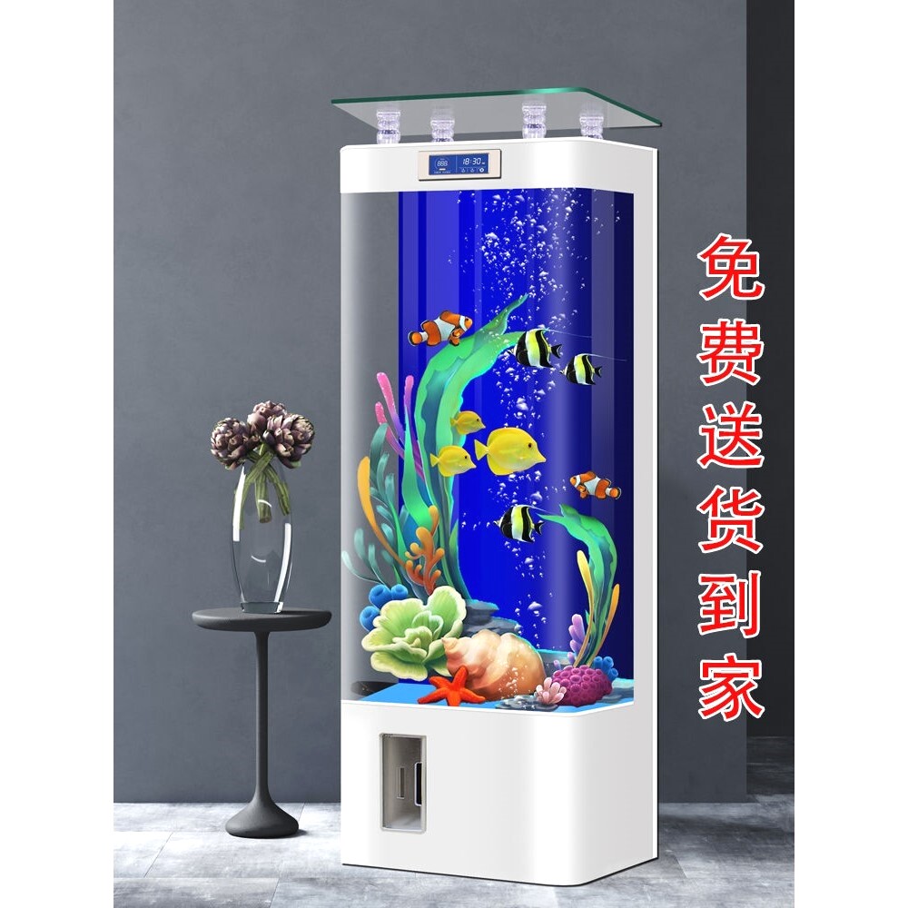 2025新款一体成型鱼缸客厅立式电视柜旁生态玻璃智能显示屏金鱼缸