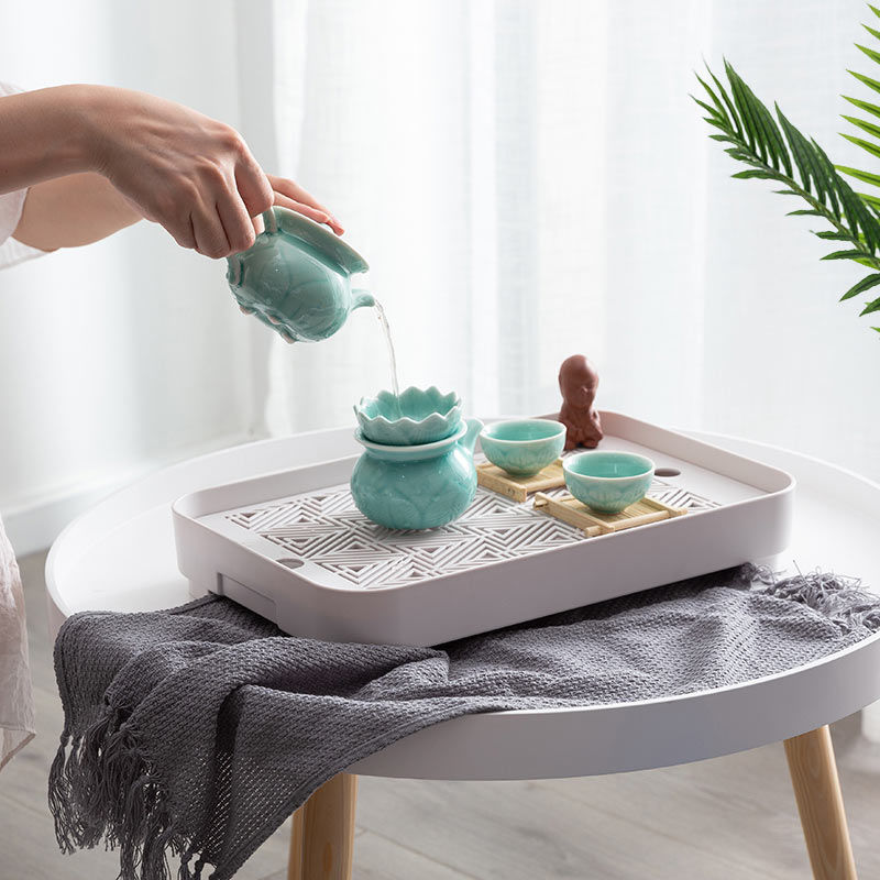 茶席沥水北欧长方形托盘塑料双层沥水茶盘家用客厅茶几高档放水杯