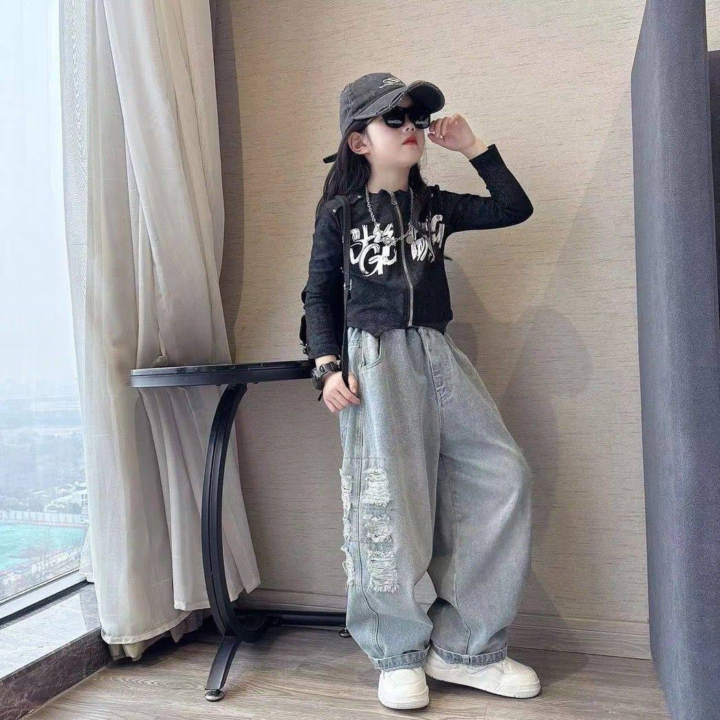 女童春季新款2025破洞牛仔裤中大童韩版洋气打底衫时尚百搭裤子潮,童装/婴儿装/亲子装,套装,淘宝优惠券,粉丝福利购,淘宝优惠卷