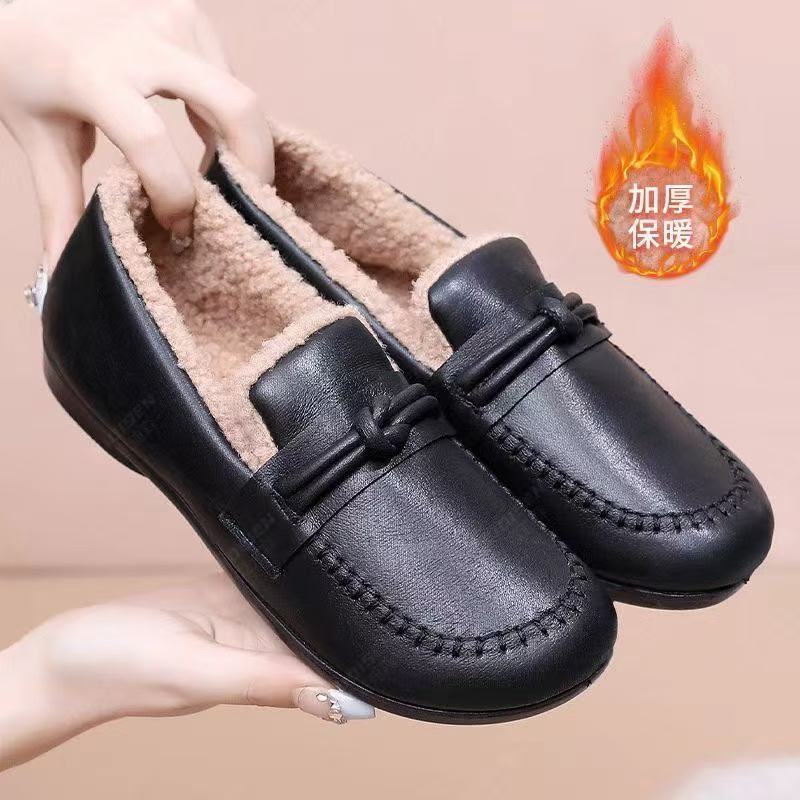 清仓冬季棉鞋皮面豆豆鞋加绒加厚保暖防防寒防滑耐磨超软底妈妈鞋