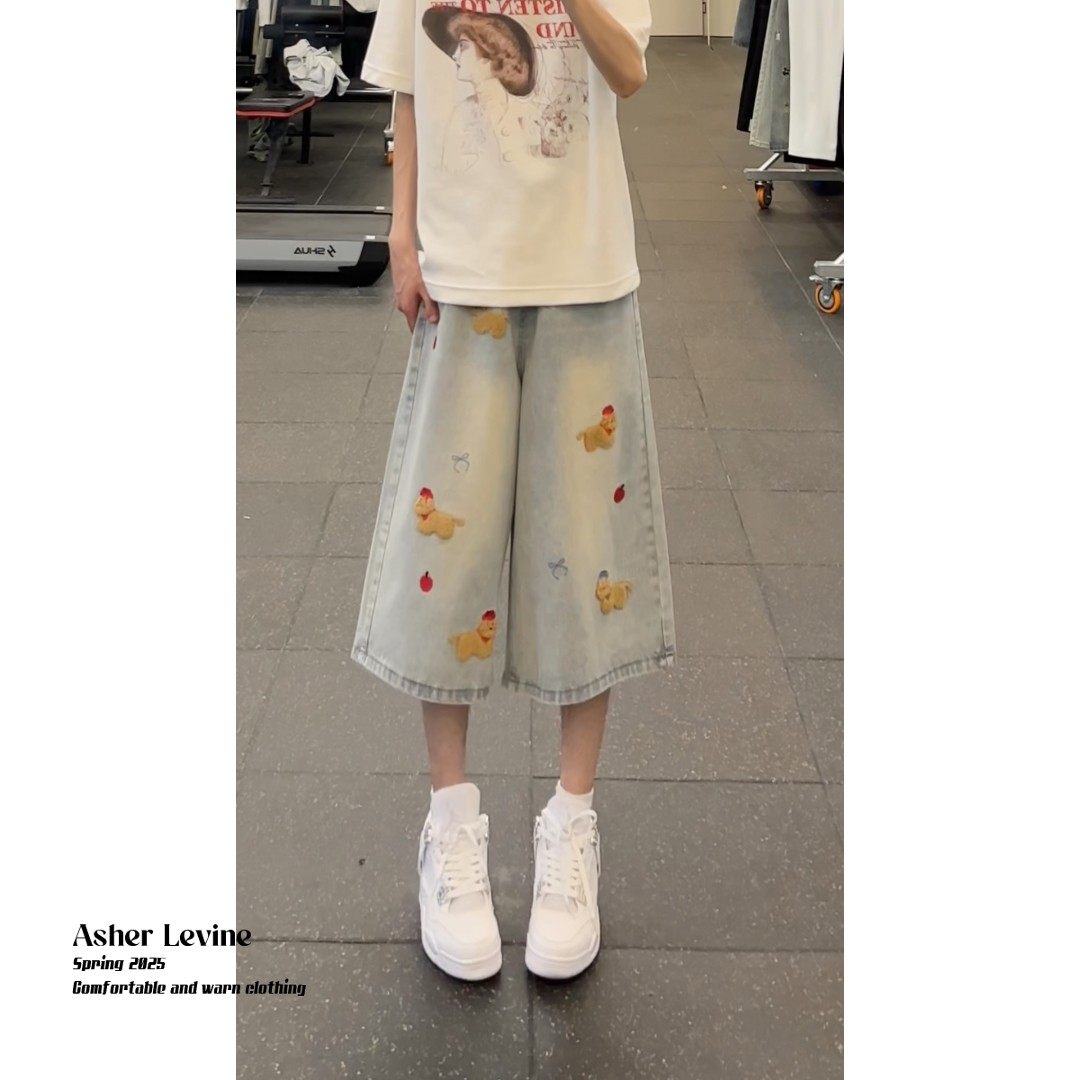 美式腊肠狗七分裤男女同款2025新款夏季潮牌刺绣牛仔宽松阔腿短裤,女装/女士精品,大码裤装,淘宝优惠券,粉丝福利购,淘宝优惠卷