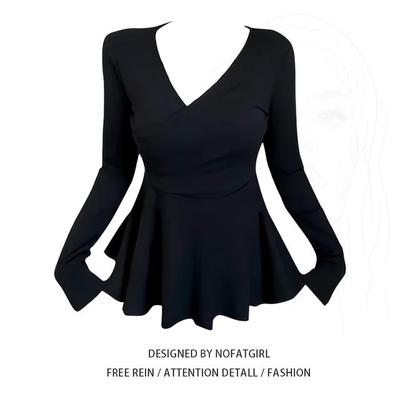 大码胖mm纯欲风收腰显瘦长袖T恤打底衫女春秋设计感不规则v领上衣