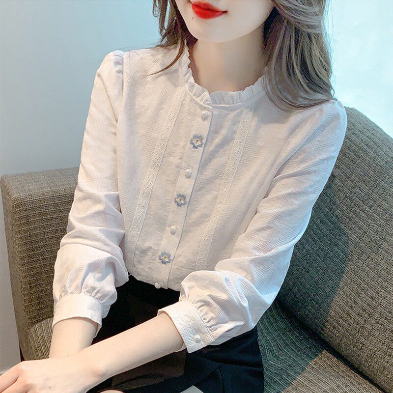 100%棉新款木耳边立领纯棉衬衫女长袖内搭打底衫高级感刺绣上衣
