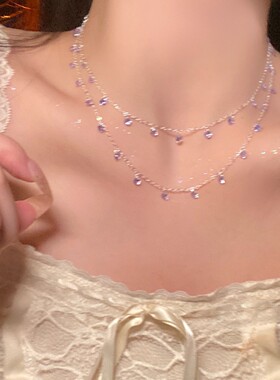 紫色水晶饰品紫藤花语~超仙水晶流苏锁骨链双层叠戴小众