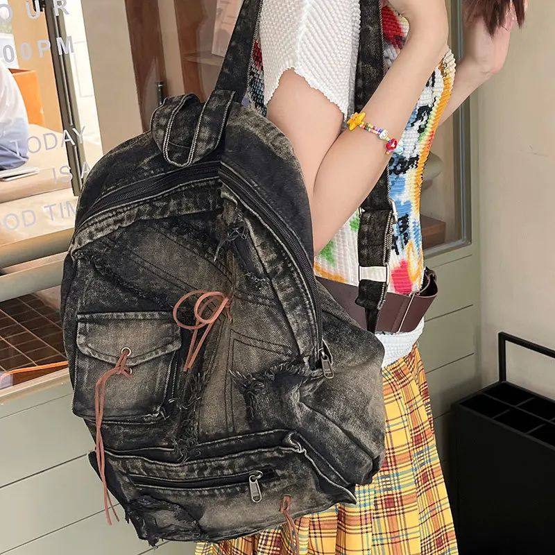 Washed Denim Womens backpack Large Capacity y2k Hot Fashion